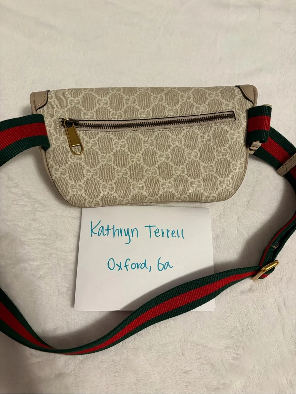 Gucci Tan GG Supreme Canvas Belt Bag with Red and Green Web Strap